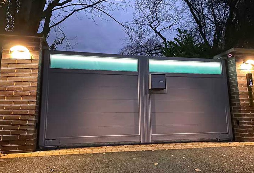 LAZER GLASS SWING GATES WITH LED LIGHTING ANTHRACITE GREY