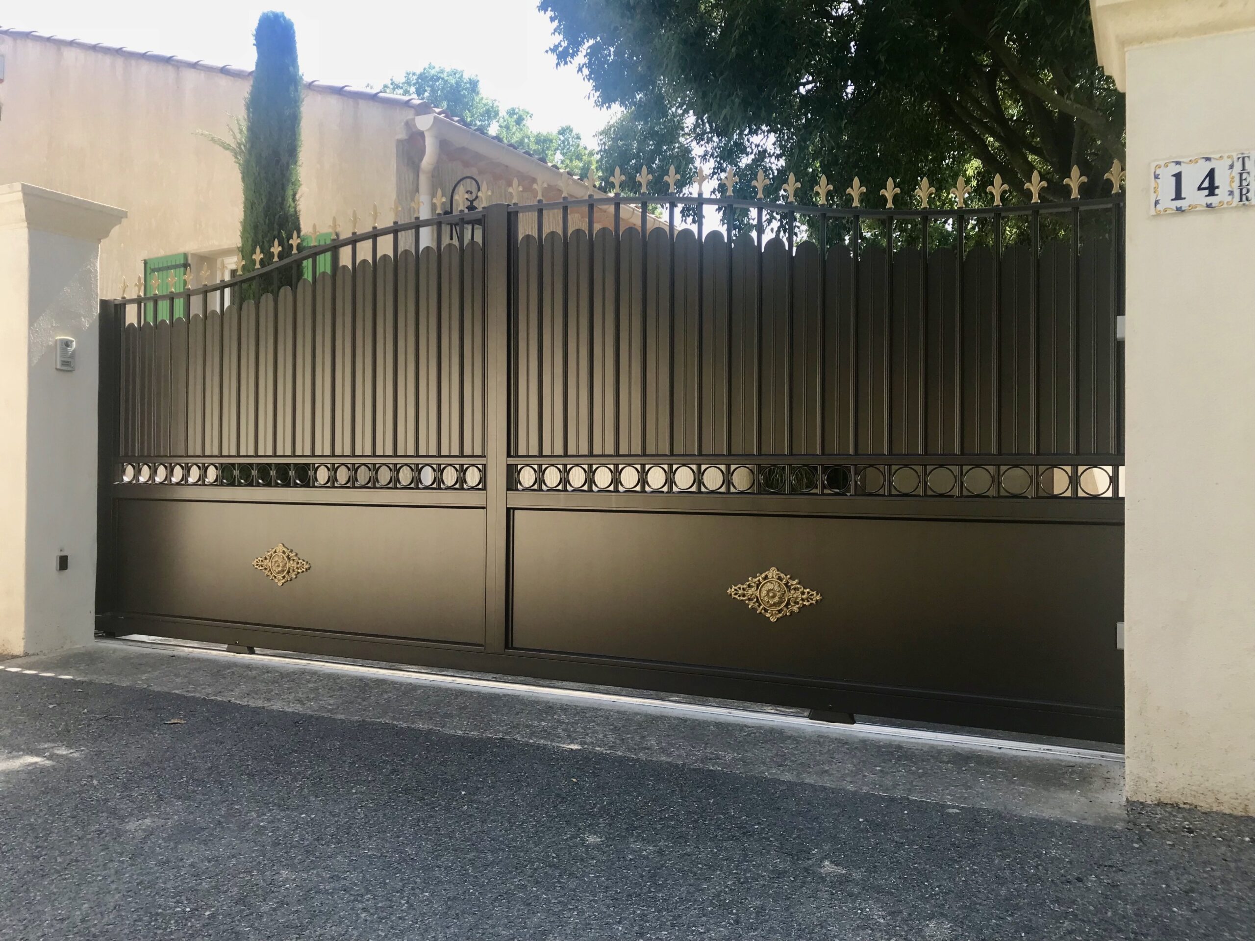 Black and gold wrought iron replica aluminium sliding gates